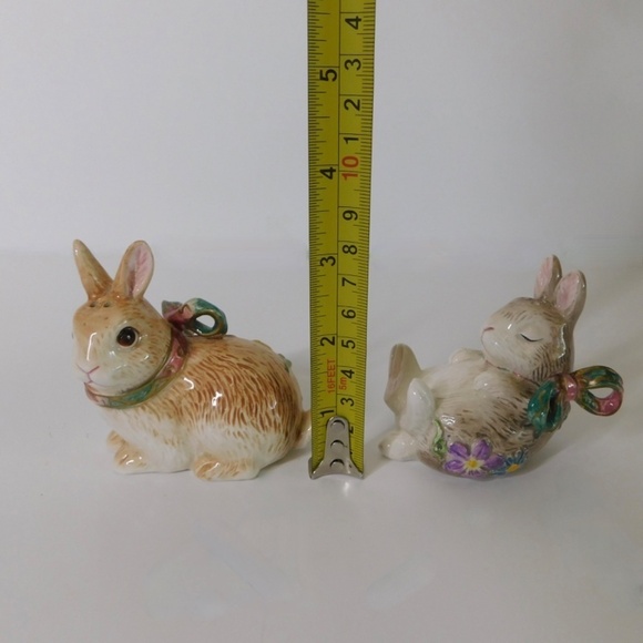 FITZ AND FLOYD Halcyon Bunny Rabbit Salt Pepper Shakers Floral Under Tray Easter - Picture 12 of 12